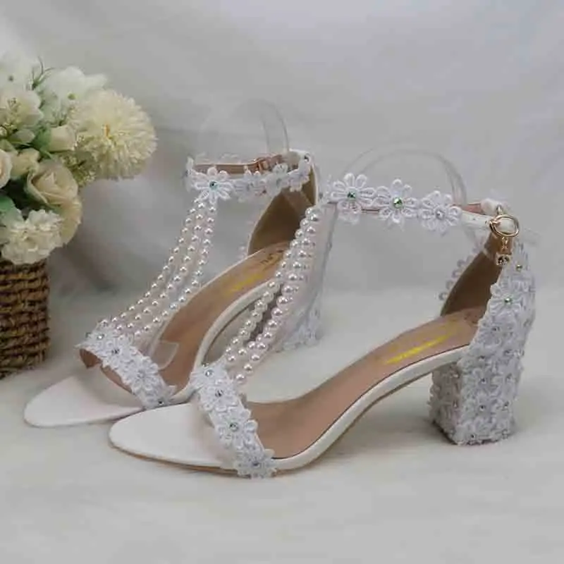 2023 new arrival BaoYaFang fashion white pearl sweet white lace flower sandals buckle bridesmaid dress shoes ankle strap shoe