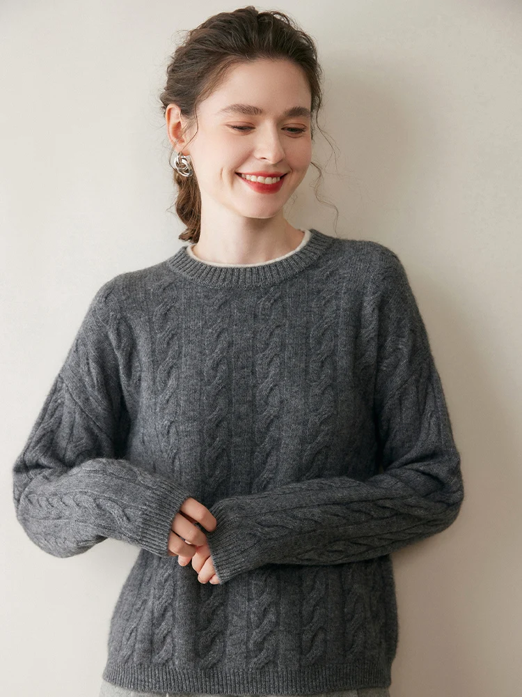 New Women 100% Cashmere Sweater Cable Knitting O-neck Pullover Cashmere Knitted Autumn Winter High Quality Basic Long Sleeve Top