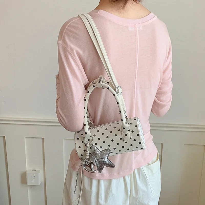 Polka Dot Mini Handbag Women Star Charm Decor Short Handle Purse Retro Crossbady Casual Street Style Daily Shopping Shoulder Bag