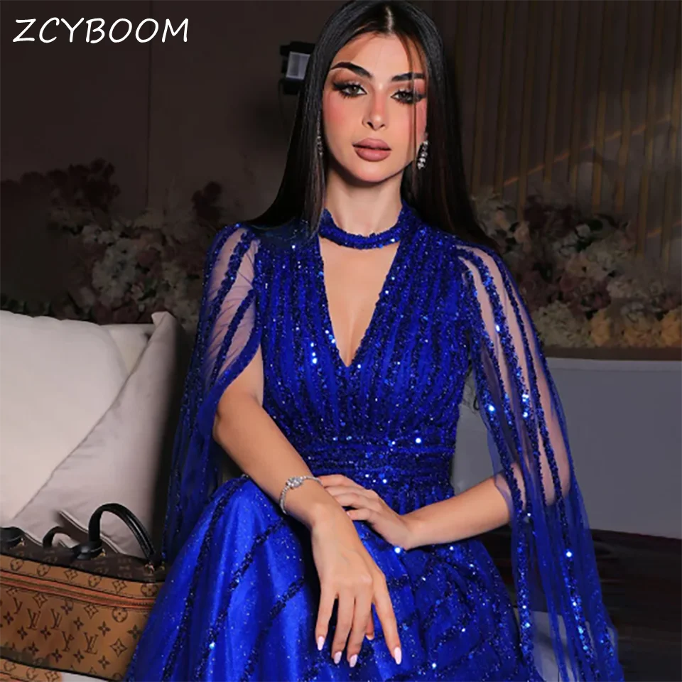 

Charming Royal Blue V Neck Sequin Beaded A Line Wedding Dress 2024 Long Sleeves Illusion Sweep Train Tulle Bridal Gown For Women