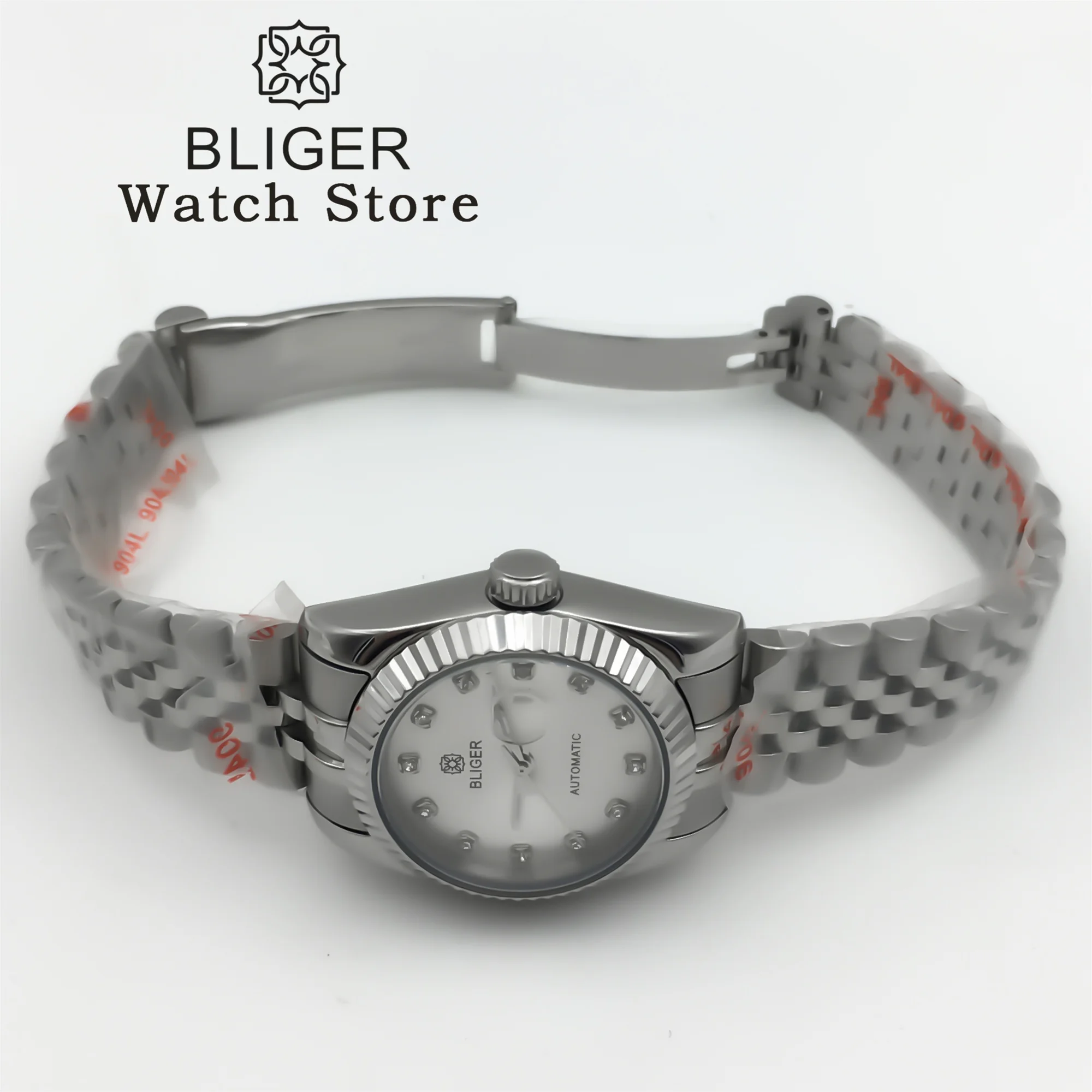 BLIGER 31mm Women Automatic Watch Stainless steel Bracelet Sapphire Glass White Mother Pearl Dial Diamond index Waterproof Watch