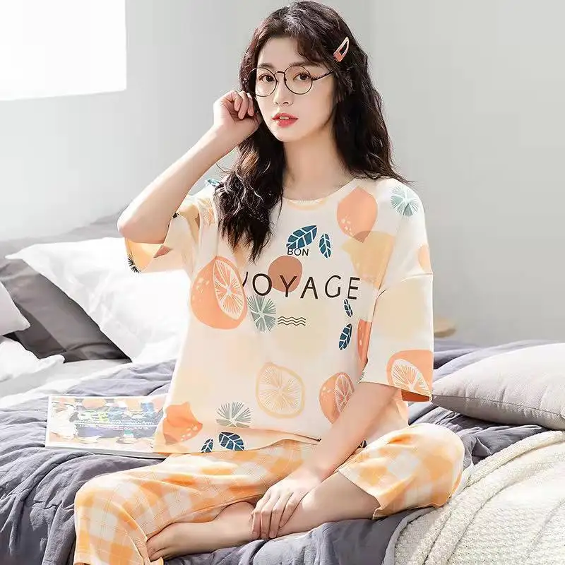 Summer Ladies Pajamas Loungewear Set Women\'s Summer Short Sleeve Cropped Pants Loungewear Thin Korean Casual Two-Piece Set