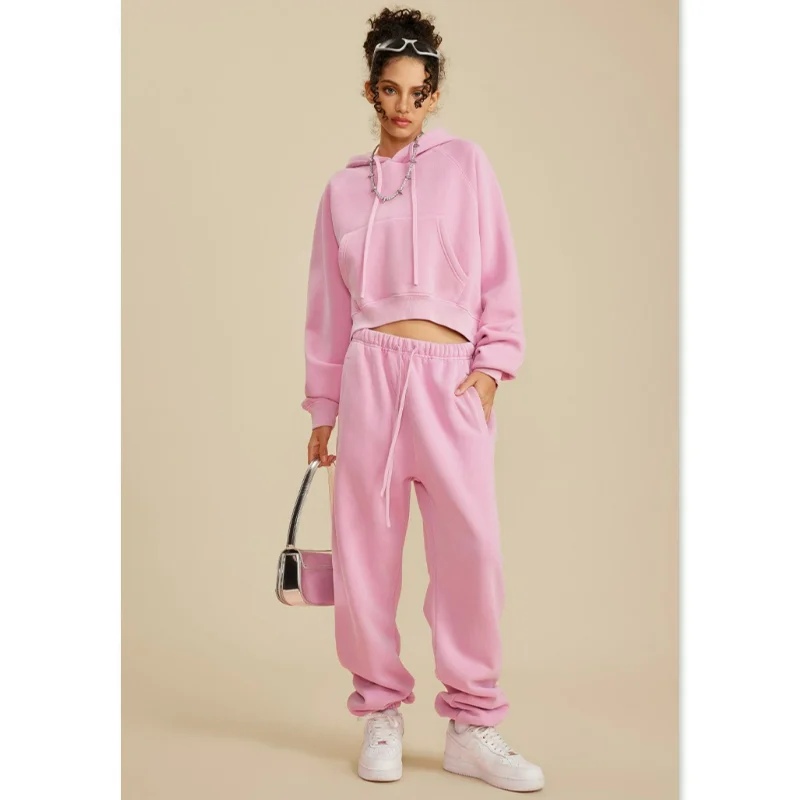 

Women Short Sports Hooded Sweatshirts Sets Winter American Retro Hot Girl High Waist Ankle-tied Pants Two-piece Sweatpants Suits