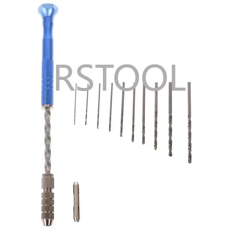 Drill Bit Set Drill Set Semi Automatic Spiral Blue Mini Micro Hand Drill Chuck + 10 Pcs Twist Drill Bits Tool 0.8-3mm