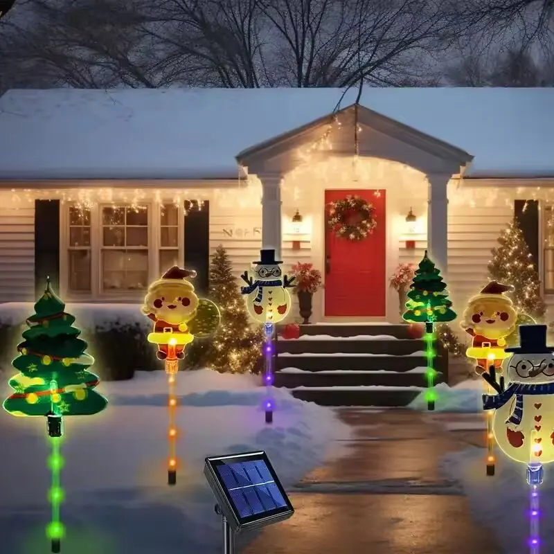 6PCs Christmas Solar Garden Lights Christmas Tree&Santa Claus&Snowman Green Purple Orange LED Lawn Lamps Outdoor Holiday Decor