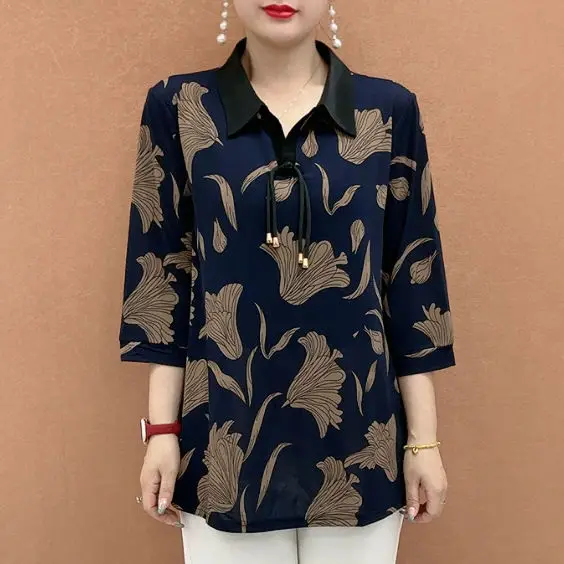 

Свободная футболка большого размера с воротником рубашки, женская осенне-зимняя новая утягивающая футболка с принтом, модные повседневные женские топы с цветочным принтом, женская одежда