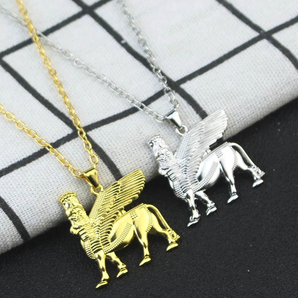 Ashur Pendant Necklace for Women Men Lama,Lamma,Winged Bull Lamassu is an Assyrian Protective Deity Jewelry