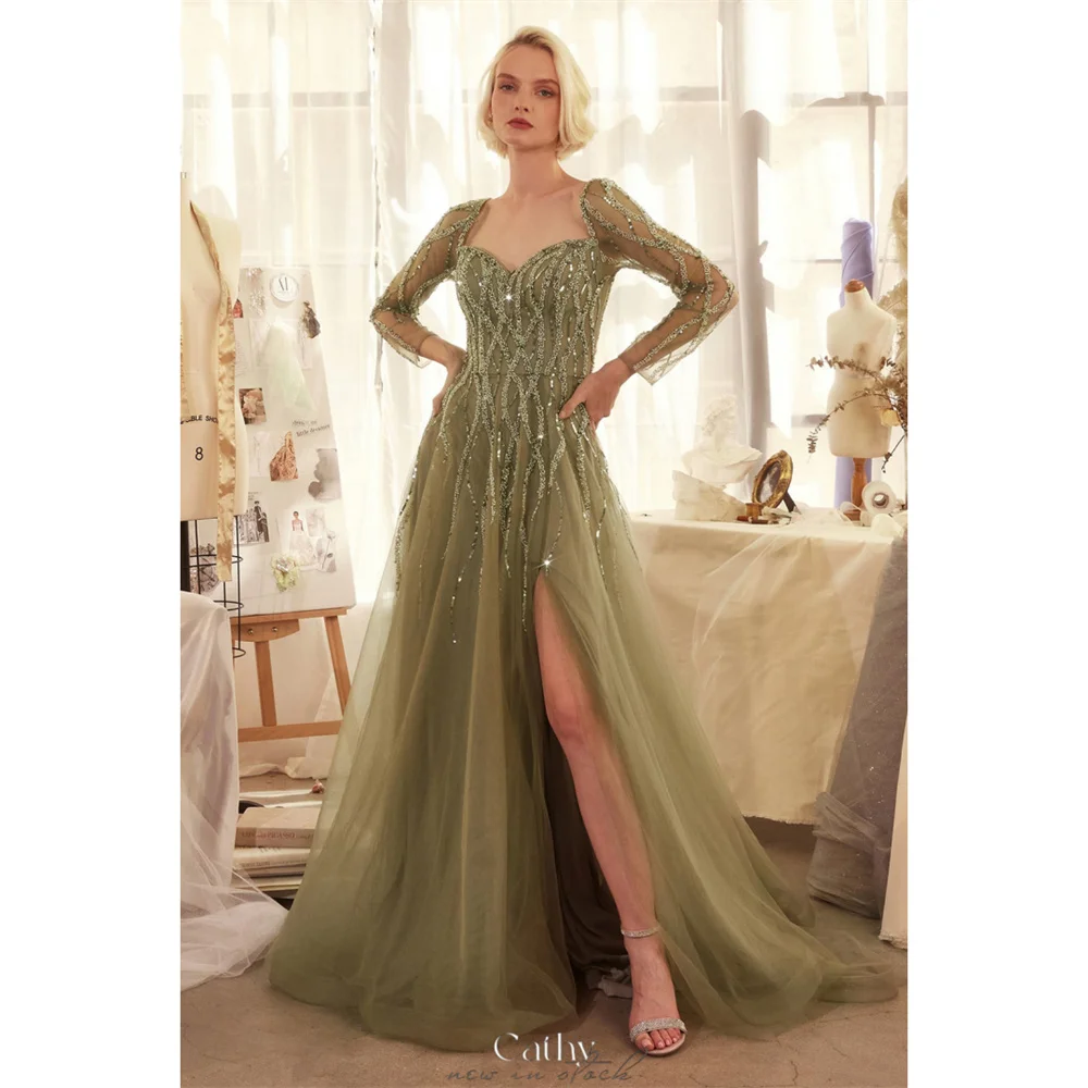

Cathy Customized Olive Green Shiny Sequins Prom Dress Sweetheart Long Sleeves vestidos de noiva Side Slit Tulle Evening Dresses