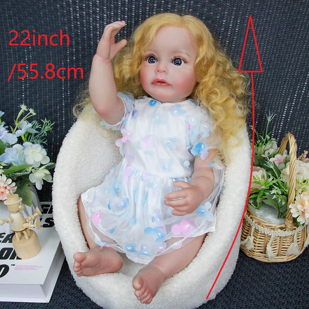 Muñeca Reborn Girl de vinilo de 22" - Pelo rubio rizado, ojos azules, vestido de princesa blanco, poseable con chupete/botella/crema de nacimiento, regalo