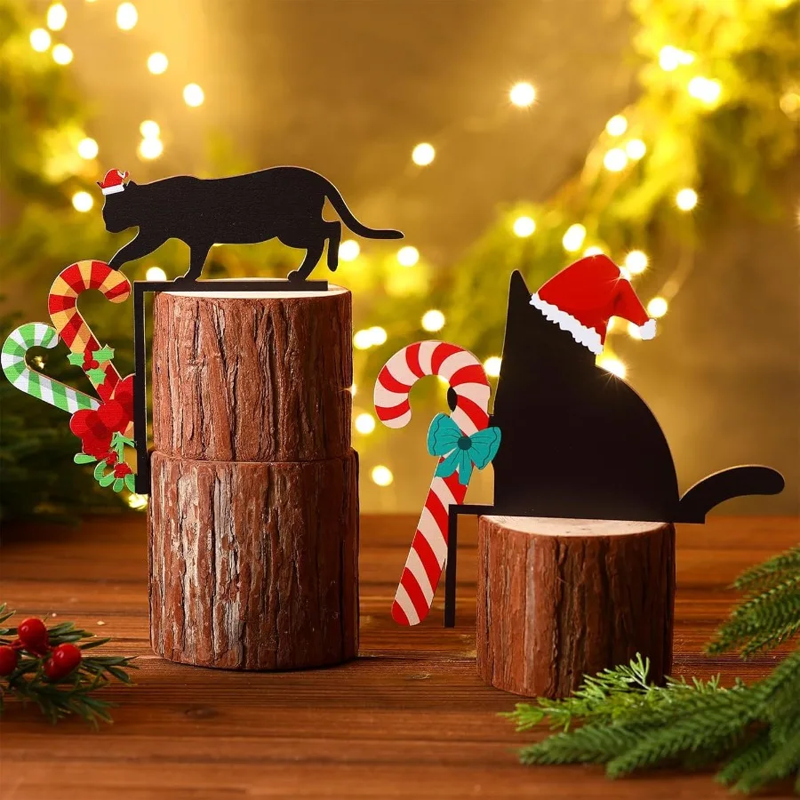 Wesiti-Topper de puerta navideña de 2 uds., decoración de bastón de caramelo de gato negro, letrero de esquina de puerta divertido, decoración para el hogar, perilla de gabinete de Navidad de madera C