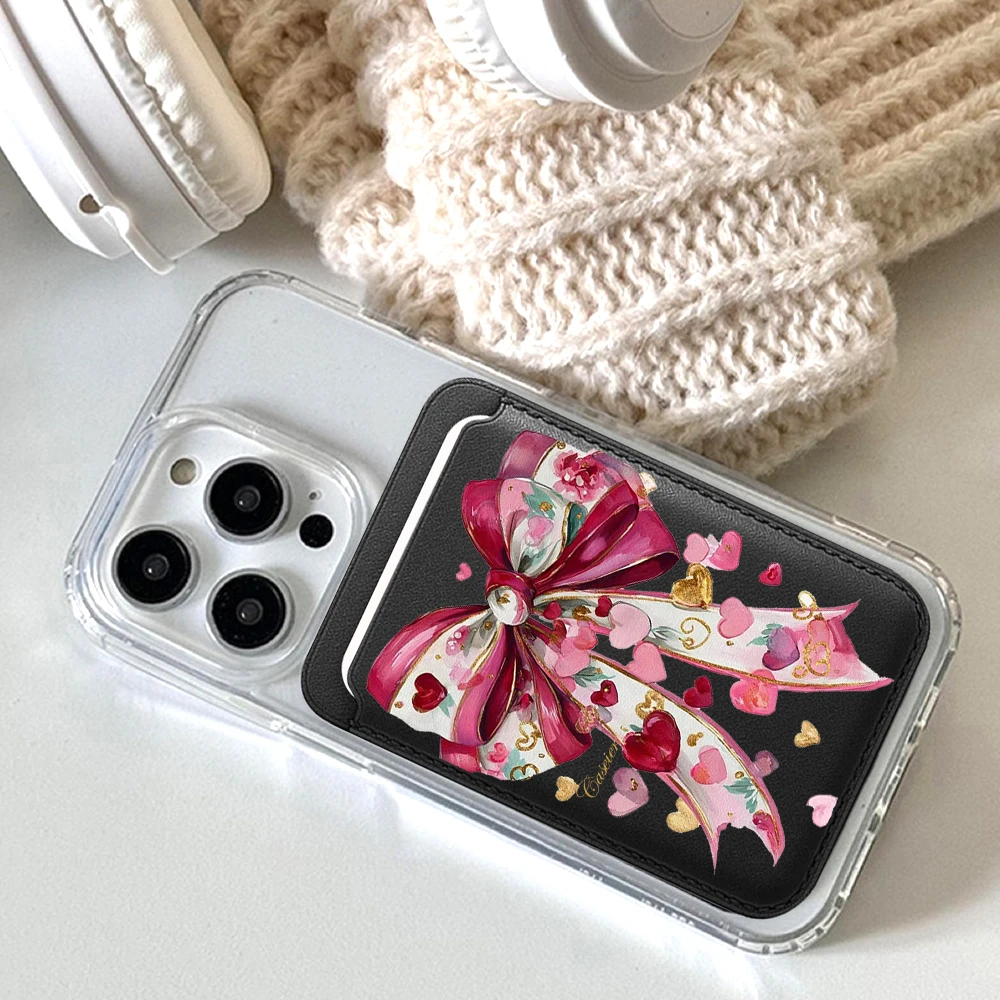 Coquet Rosa Schleife Leder-Kartenetui Handyhülle Kartenhalter Geeignet für alle iPhone-Hüllen Magsafe Magnetische Karten-Handy-Rückentasche – Detail 4
