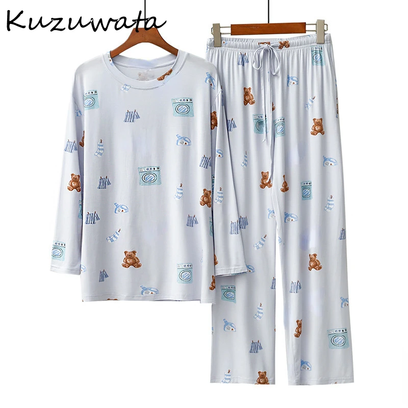 Kuzuwata O Neck Long Sleeve Cartoon Lovely Pajama Print Bear Pants Sweet Fresh Homewear Suit Japan Moda Lace Up Casual Pajamas