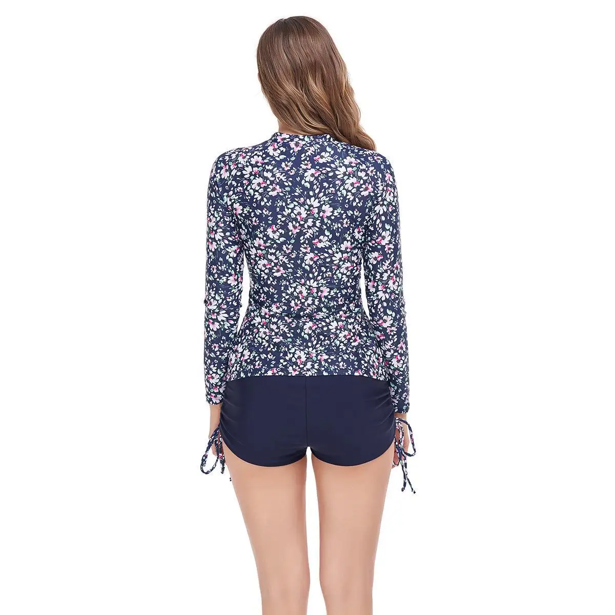 2‑Piece Long‑Sleeve Rash Guard Swimsuit Half‑Zip Floral Print Top Drawstring Swim Shorts UPF50+ Surfing Bathing Suit Swimwear