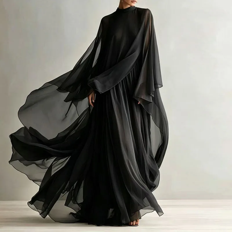 Boho 2‑Piece Matching Set Women O Neck Wide Cape Sleeve Sheer Top & Pleated Long Skirt Outfit Guest Solid Party Prom Skirt Suits view 3