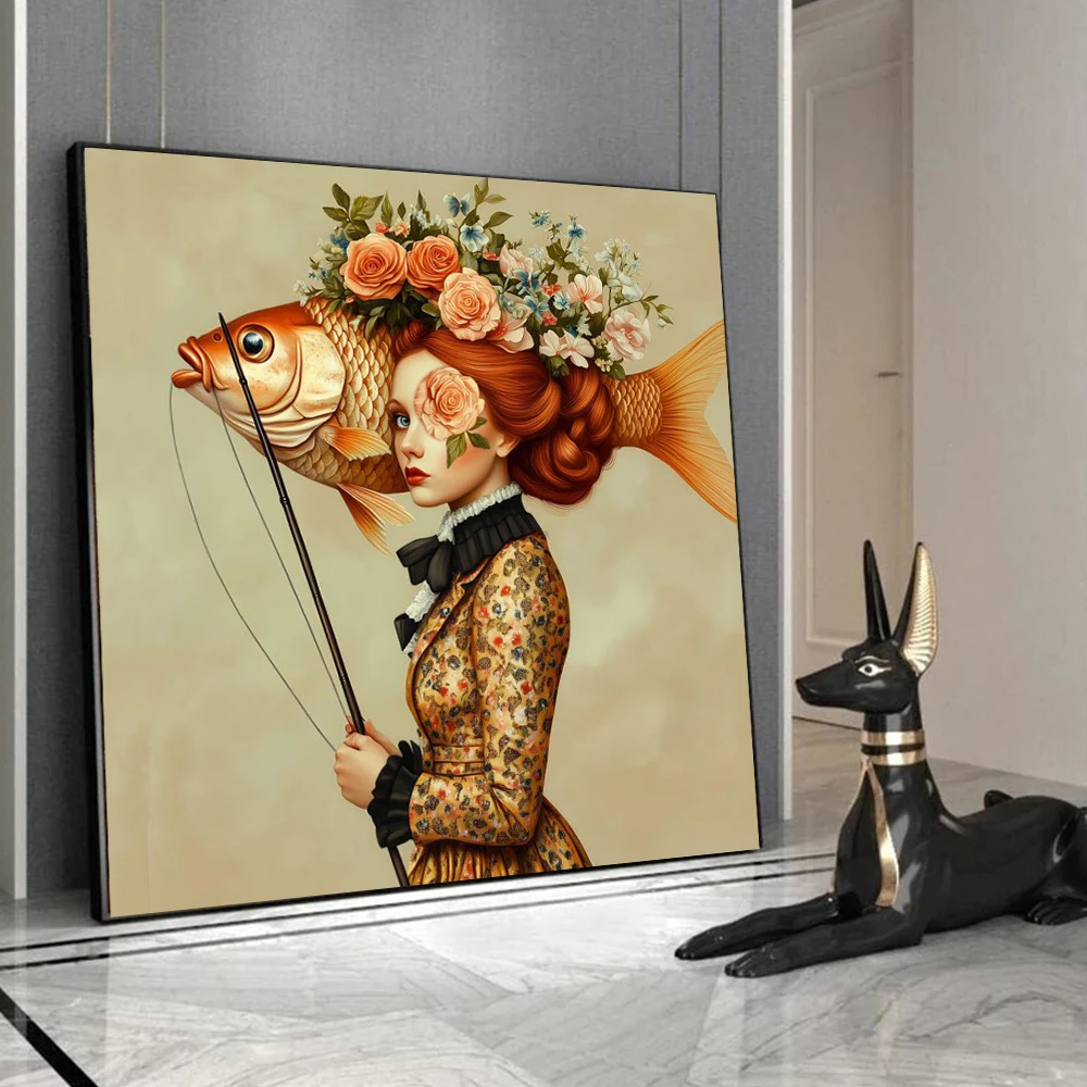 Beautiful Woman with Glasses Flower Canvas Painting Modern Wall Art Woman Character Posters and Prints Living Room Home Decor view 5