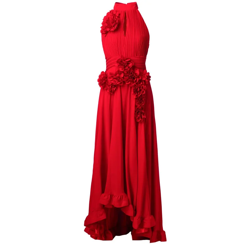 

Meyyithun Women's Dress Runway Maxi Dress Stand Collar Sleeveless Solid Color Elegant Ball Gown Pleated Summer Female Applique