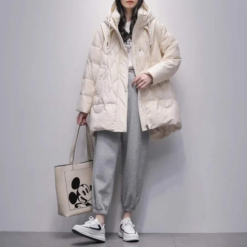 Damasco quente para baixo jaqueta feminina inverno 2025 nova versão coreana com capuz solto grosso branco ganso para baixo casaco feminino puffer