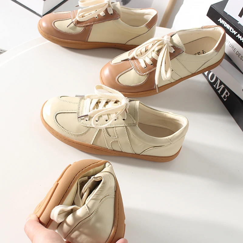 

Women's Retro Hong Kong Sle round Head Color Blo Casual Board oes Top Layer Cowhide Dequan oes Leisure Flat Heel