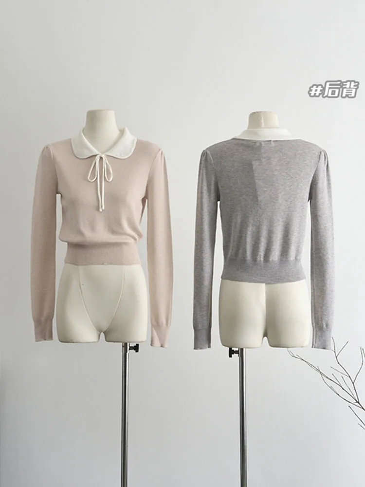 Sweet Preppy Style Jumper Women Kawaii Peter Pan Collar Lace Up Knitted Pullover Korean Fashion Casual Sweater Y2K Autumn Winter