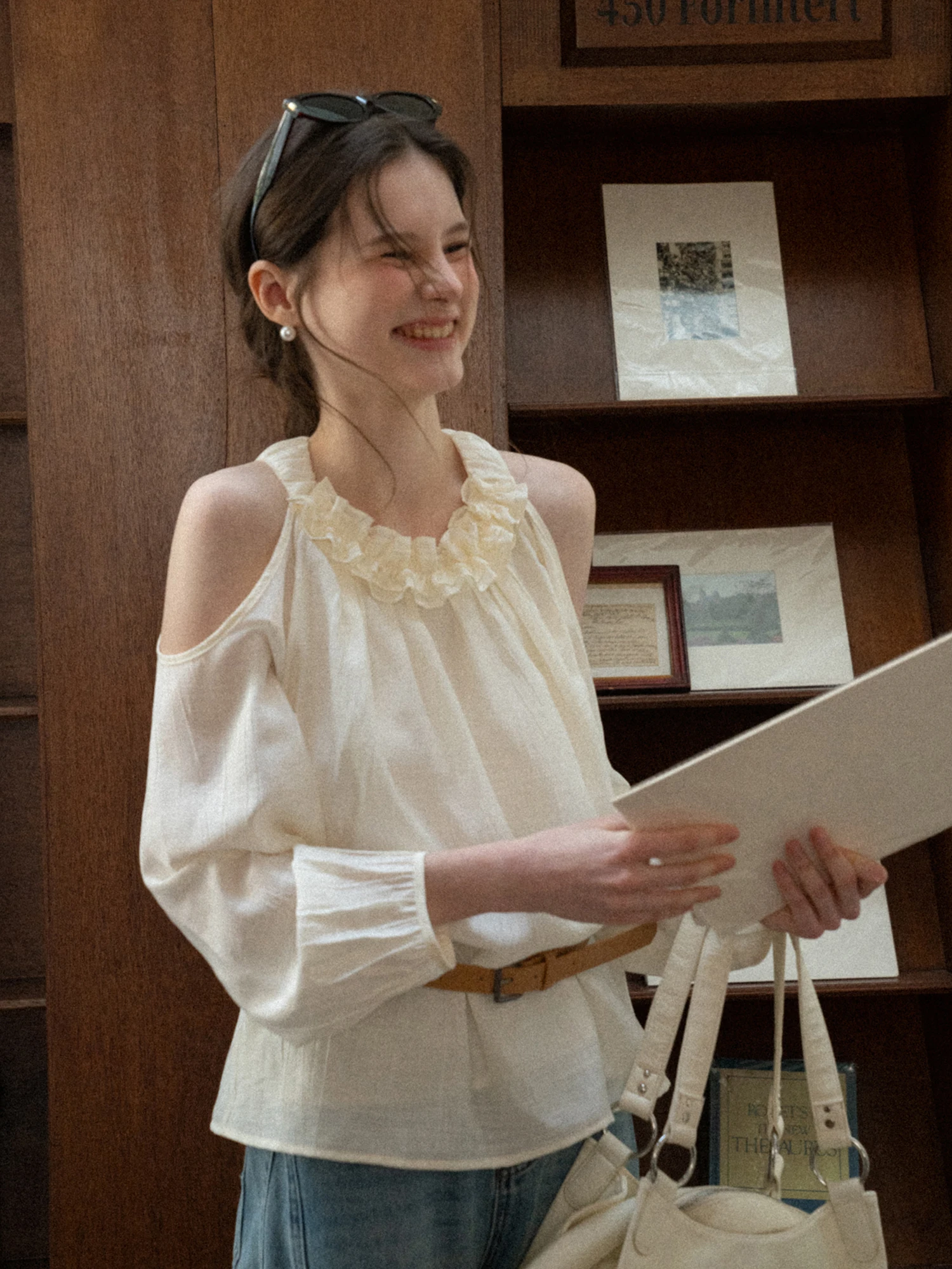 

EGGKA Нежный шифоновый топ с длинными рукавами и открытыми плечами, цвет баклажана, стройнящий, весна-лето, модный женский.