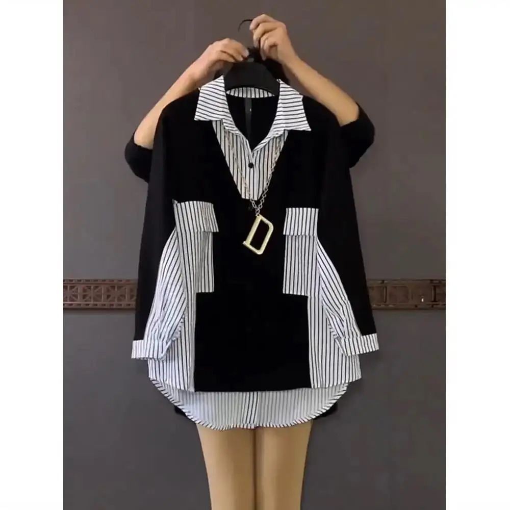 Women's Fashion Loose and Slimming Mid Length Contrasting Striped Shirt