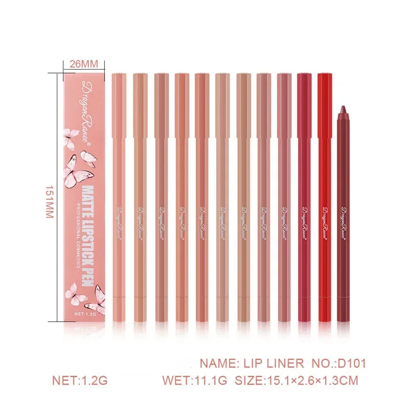 Lápis delineador labial de 12 cores, fosco, vermelho, marrom, plumping, duradouro, à prova d'água, batom fino, contorno labial fino, maquiagem