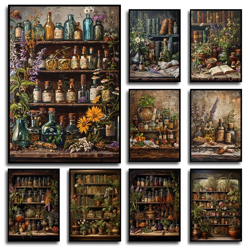 Vintage Apothecary Wizard Books Jars Herbal Plant Posters and Prints Canvas Printing Wall Art Picture for Living Room Home Decor