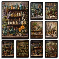 Vintage Apothecary Wizard Books Jars Herbal Plant Posters and Prints Canvas Printing Wall Art Picture for Living Room Home Decor