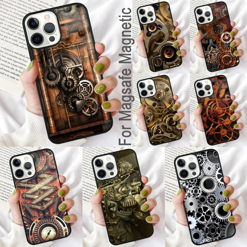 Steampunk Gear Mechanical Magnetic Soft Phone Case for iPhone 16 Promax 15 Pro 13 14 Plus 11 12 Mini MagSafe Coque