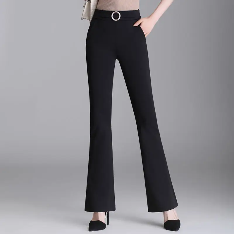 Fashion Office Lady High Waist Flare Women\'s Pants 2023 Spring New Commuter Solid Color Pockets Casual Elastic Sashes Trousers