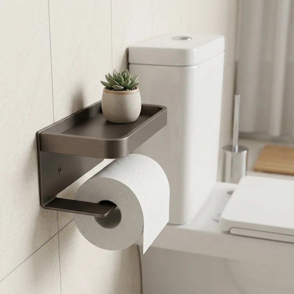 Toilet Paper Holder with Shelf for Bathroom Aluminum Build Ensures Consistent Performance Varying Moisture Levels