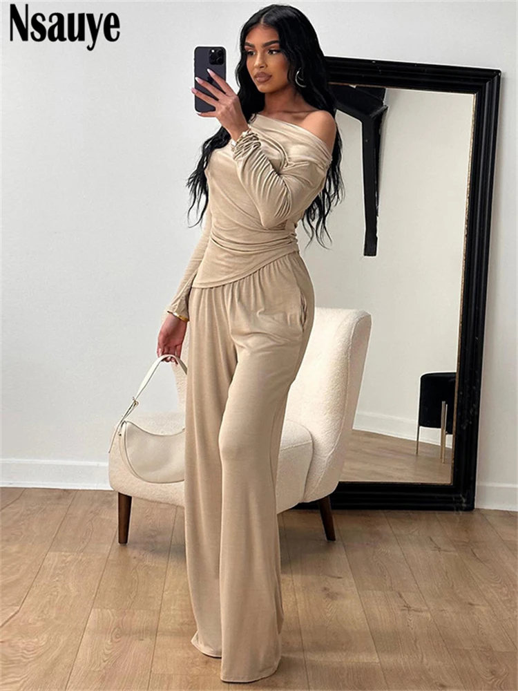 Nsauye Y2K Women Casual Autumn Tracksuit Long Pants Two Piece Set Ruched Streetwear Long Slevee Tops High Waisted Sexy Pants Set