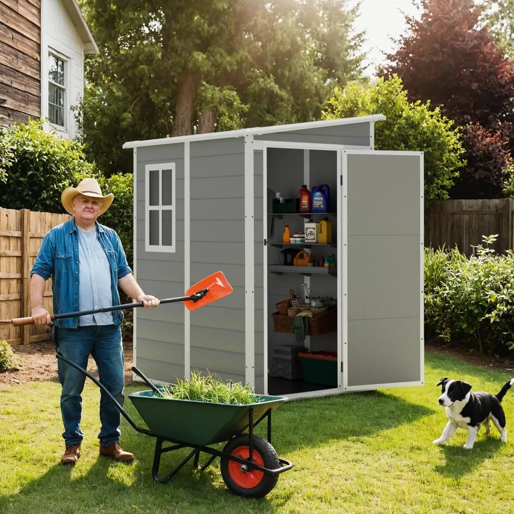 

5x4FT Plastic Outdoor Storage Shed, Resin Shed with Floor and Window, Tool Sheds with Lockable Door and Vent, Customized