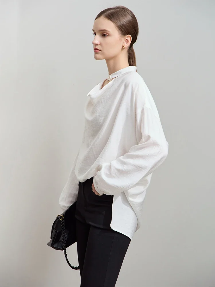 Amii Minimalist Solid Color Loose Mid Long Neck Lyocell Shirt 2025 Spring New Split Pearl Buckle Long Sleeve Casual Top 12551024