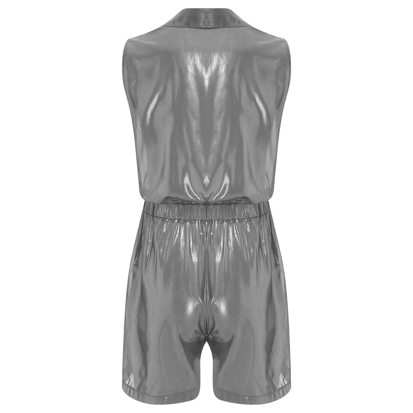 Men See-Through Metallic Chiffon Jumpsuit Lapel Collar Sleeveless Elastic Waist Bodysuit for Nightclub Pole Dancing Raves Party
