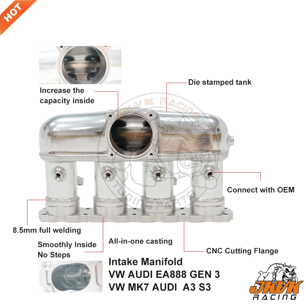 JKVK RACING Aluminium Plug&Play Billet Ansaugkrümmer für EA888 Gen3 Motor 2.0 TSI TFSI A3 S3 8V MQB