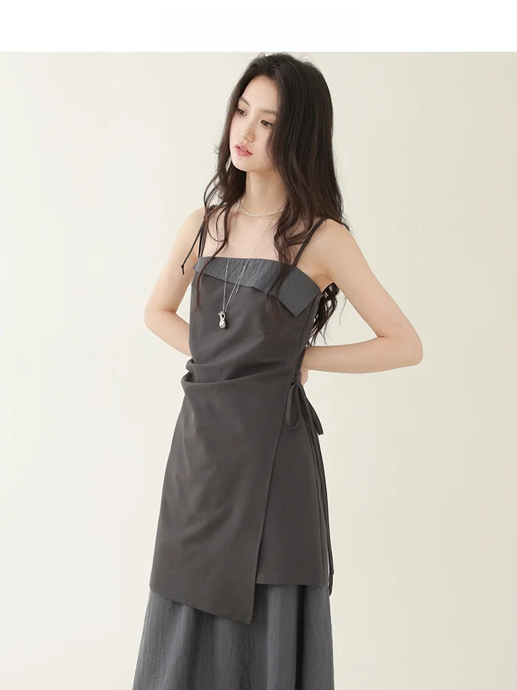 French Style High Waist A-Line Straight Cut Midi Skirt And Tank Top Two-Piece Set Design Sense One-Shoulder Overlap Vest