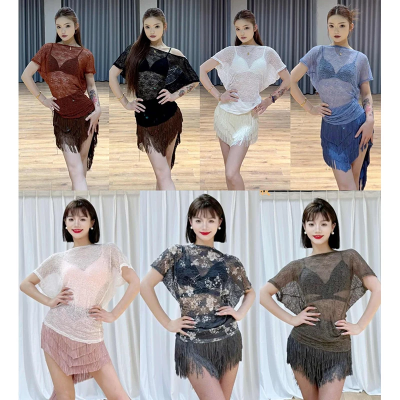 

Новая одежда для латинских танцев для взрослых: свободные сетчатые топы, юбка с жемчужной цепочкой и бахромой, без спинки, для занятий ча-ча-ча и румбой, DNV24581