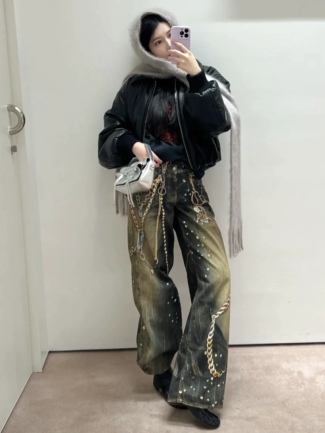 

AC King 26 New Black Gold Chain 3D Printed Flower Illusion Wide Leg Straight Cut Denim Jeans High Waist Zipper Closure Summer...