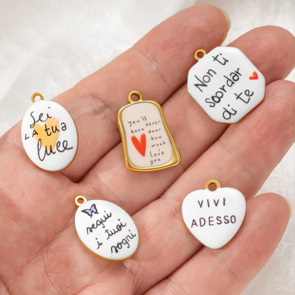 2pcs Italian Words Love Ceramic Charms Geometric Round Enamel Stainless Steel Pendants For DIY Necklace Bracelet Women Jewelry view 4