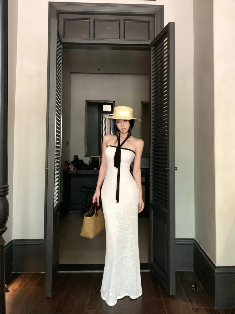

Elegant Vestidos Temperament Dress Sexy Dresses 2025 Woman French Beachwear Simple Style All-match Halter Neck Backless Vacation