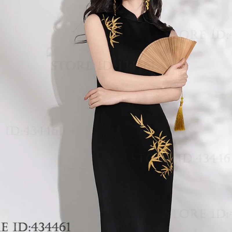 

Cheongsam с вышивкой бамбукового листа, новый китайский стиль, женское Ципао, классическое китайское платье, традиционное платье ханьфу, сексуальные тонкие платья