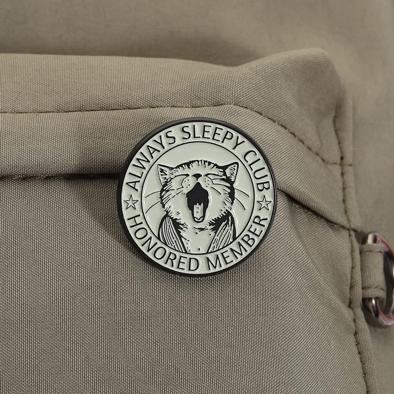 Cute Tired Drowsy Cat  Always Sleepy Club Honored Member Brooch Enamel Pins Brooches Lapel Badge Backpack Jewelry Friends Gifts