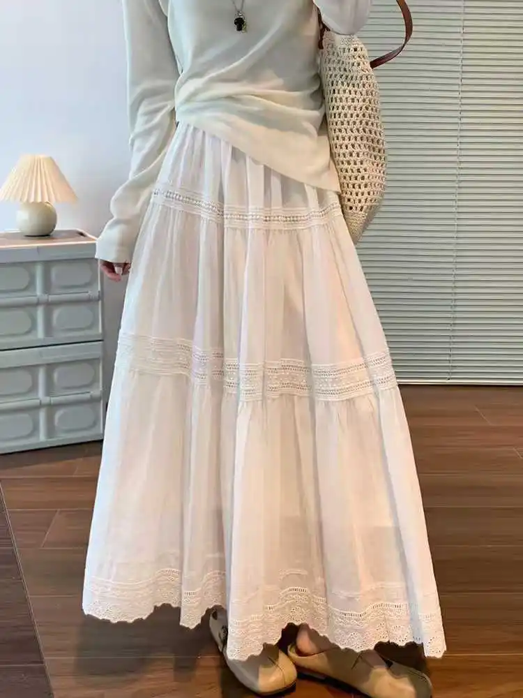 

Юбка миди в стиле Харадзюку, минималистичная, белая, многоярусная, кружевная, с эластичной талией, с вырезами, повседневная, в стиле бохо, А-силуэт, в стиле преппи, базовая, юбка-зонтик