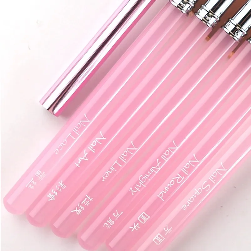 1/12PCS Roze Acryl Handvat Nail Art Brush Driehoekige Tekening Schilderen Lijn Pen Liner Franse Manicure Gereedschap