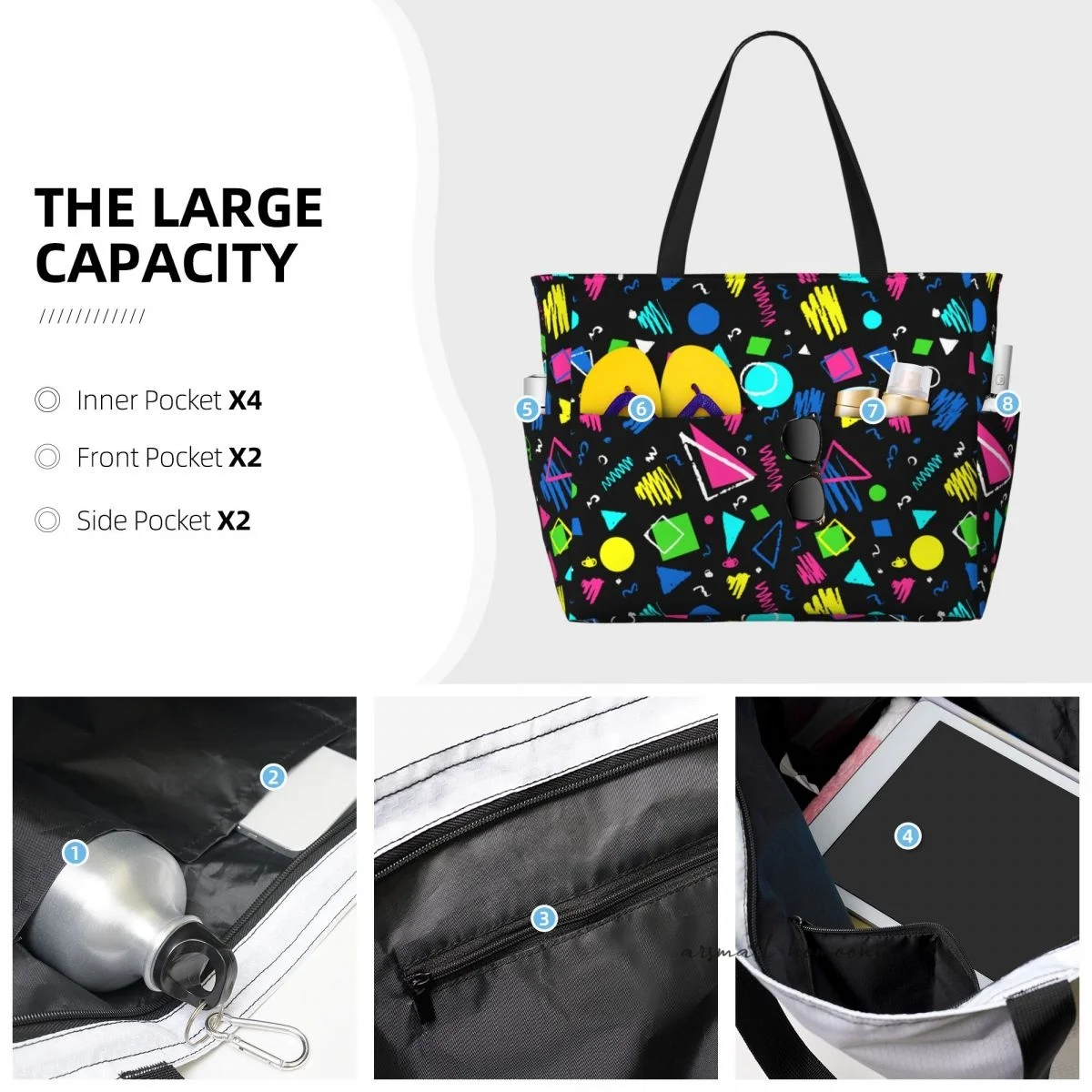 Retro 80s 90s Fanny Pack Travel Tote Bag Large Sandproof Beach Bag with Zipper and Pockets for Women's Vacation Gym and Travel