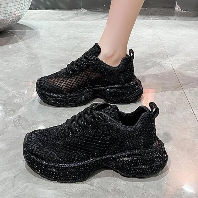 

5.5cm NEW Synthetic Air Mesh Daddy Rhinestone Vulcanize Chunky Sneakers Leisure Bling Women Casual Platform Wedge Summer Autumn