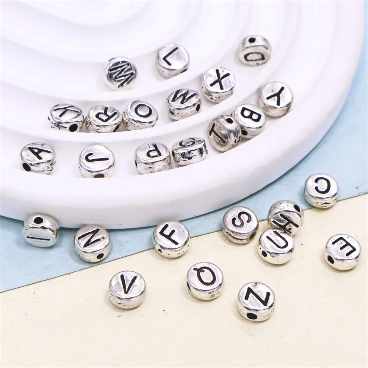 6*7mm English letter  zinc alloy silver background black letters Metal scattered bead string  bracelet DIY jewelry Accessories