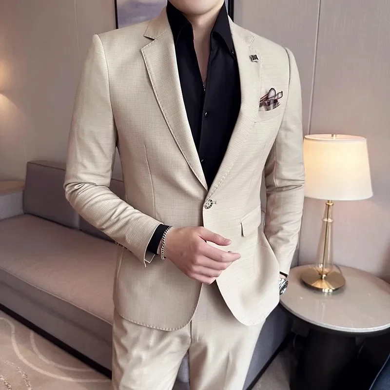 2023 Fashion New Men Boutique Solid Color Business Slim High Quality Dress Blazers Jacket Suit Coat Pants Trousers 2 Pcs Set