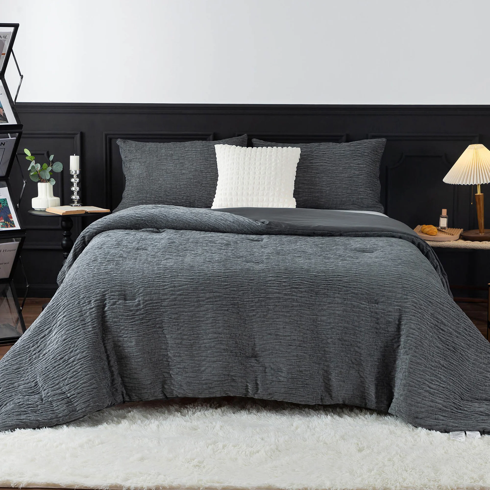 Pillowsham Sliky Super Soft Washable Cotton Shaggy Comy Fluffy Comforter & 2 Pillow Shams Grey And California King Size